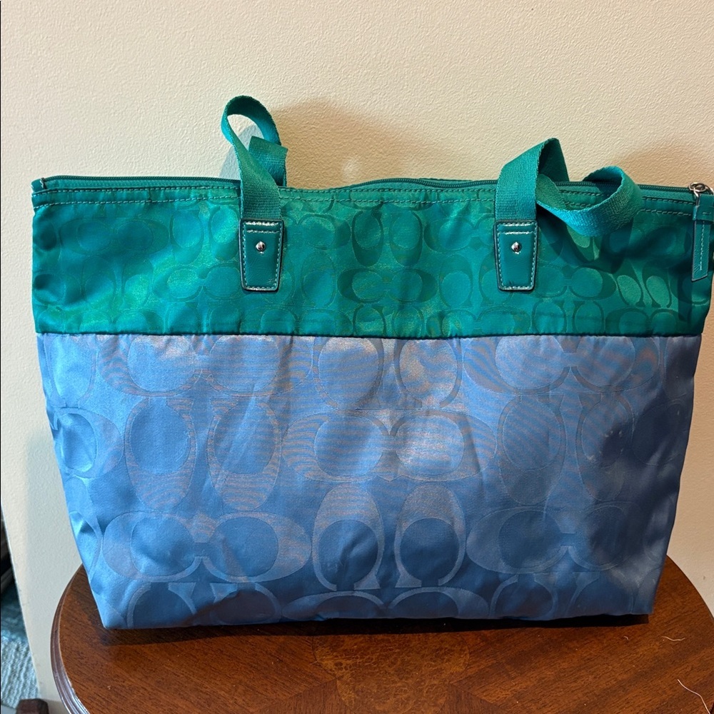 Coach Signature monogram Tote HD nylon teal light blue large shoulder bag EUC - Picture 9 of 17